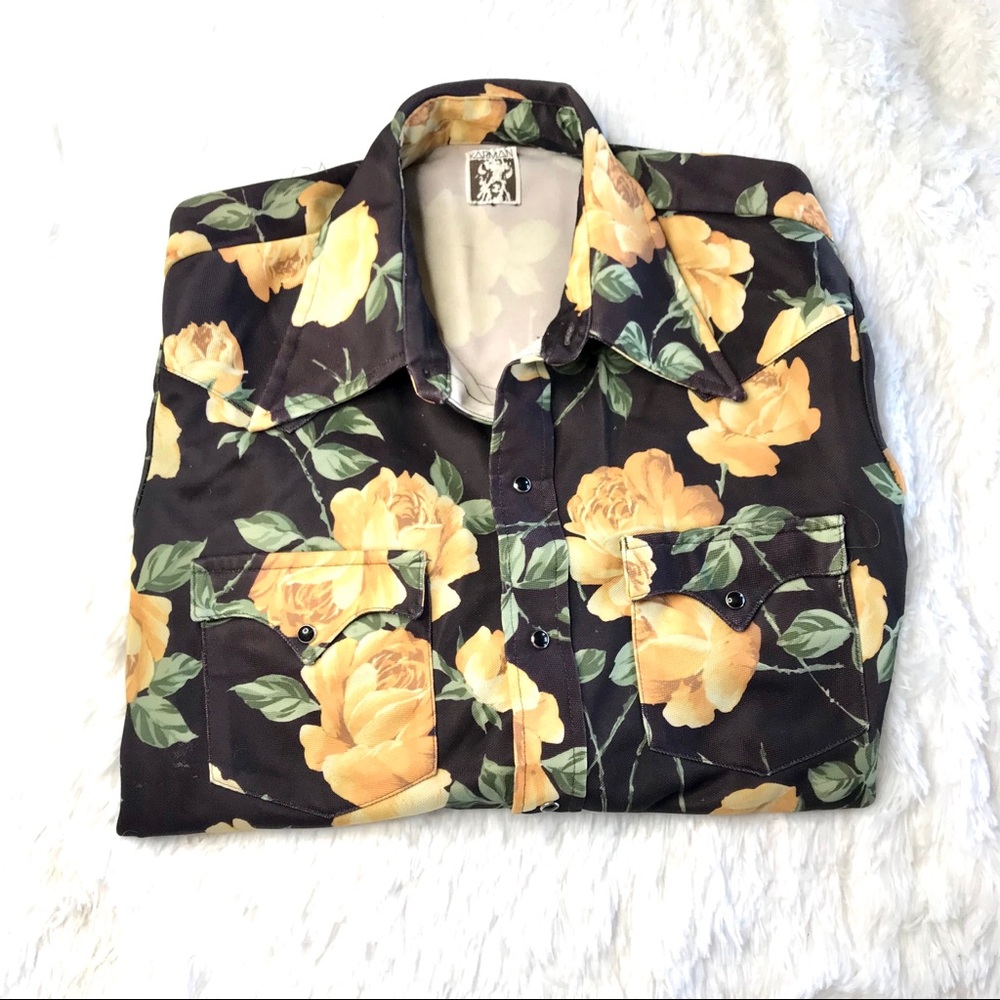 Karman retro 1970s floral western pearl snap shirt